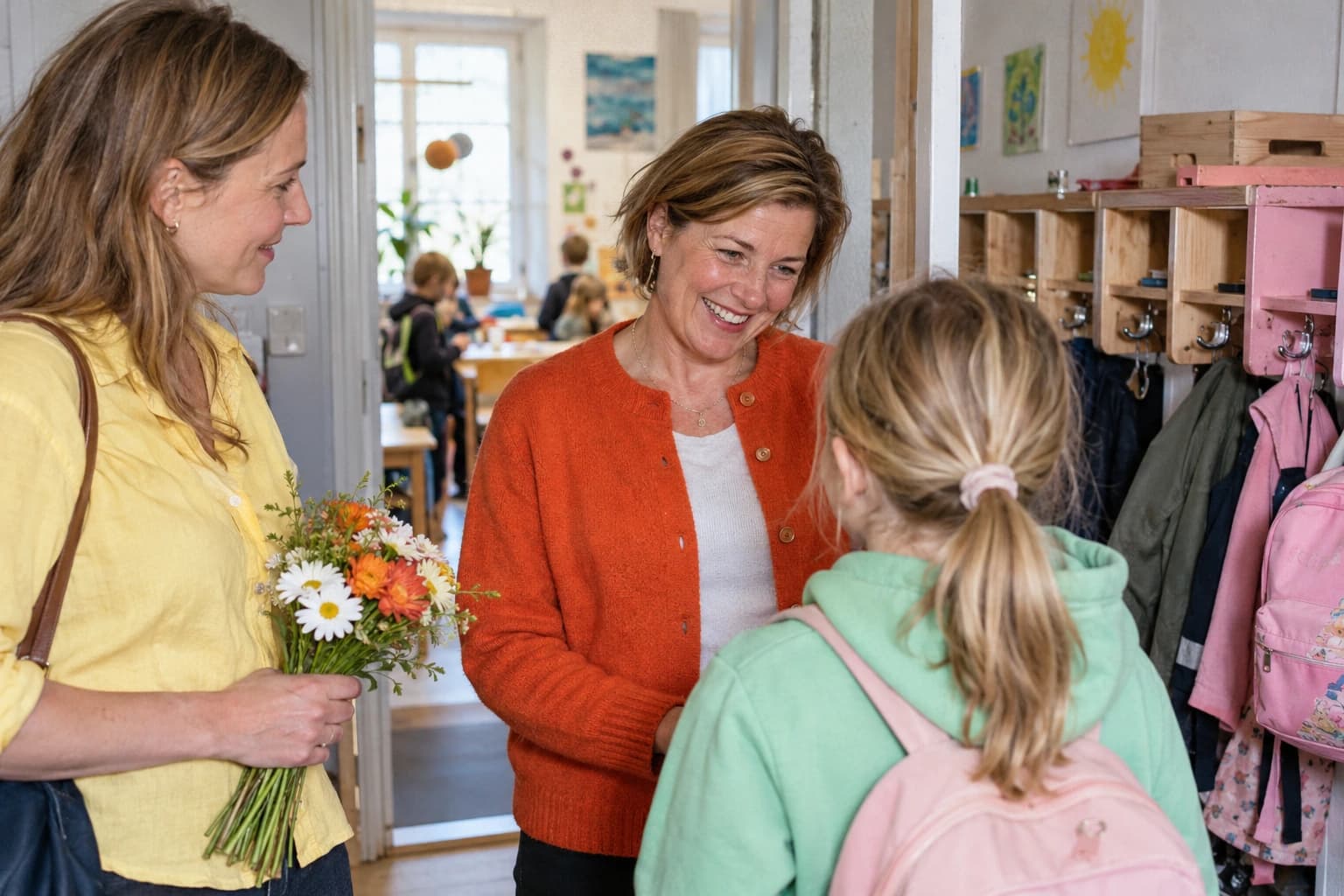En lärare pratar med ett barn och en förälder som håller en blombukett.